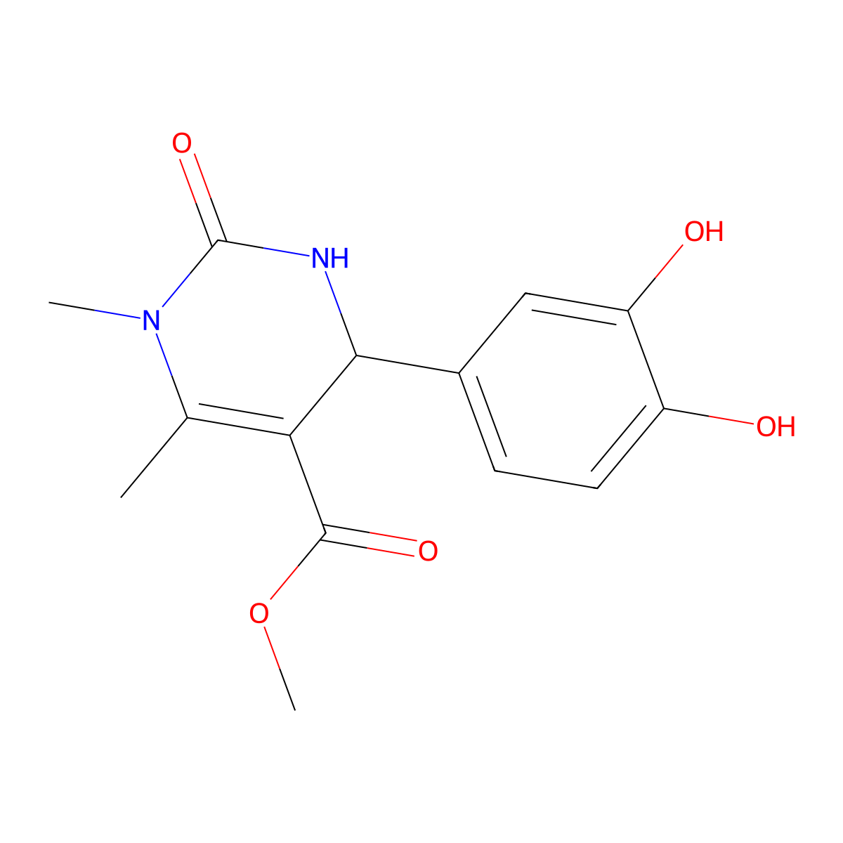 Methyl 4-(3,4-dihydroxyphenyl)-1,6-dimethyl-2-oxo-1,2,3,4-tetrahydropyrimidine-5-carboxylate molecular structure, CAS 301330-96-1