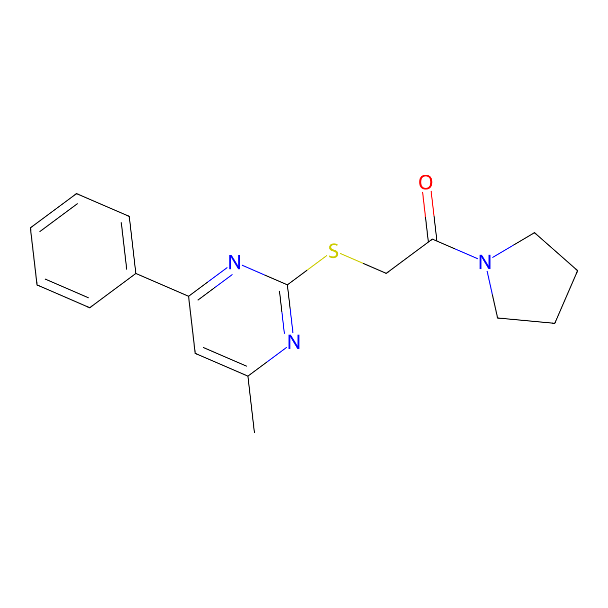 2-(4-Methyl-6-phenylpyrimidin-2-yl)sulfanyl-1-pyrrolidin-1-ylethanone molecular structure, CAS 301331-06-6