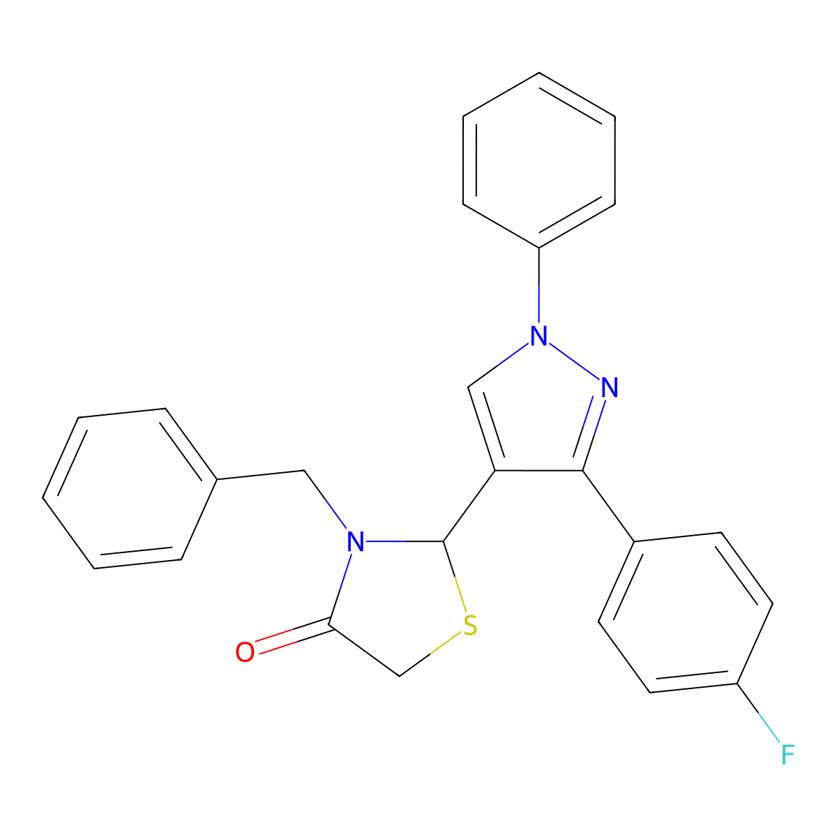 3-Benzyl-2-[3-(4-fluorophenyl)-1-phenylpyrazol-4-yl]-1,3-thiazolidin-4-one molecular structure, CAS 301331-70-4