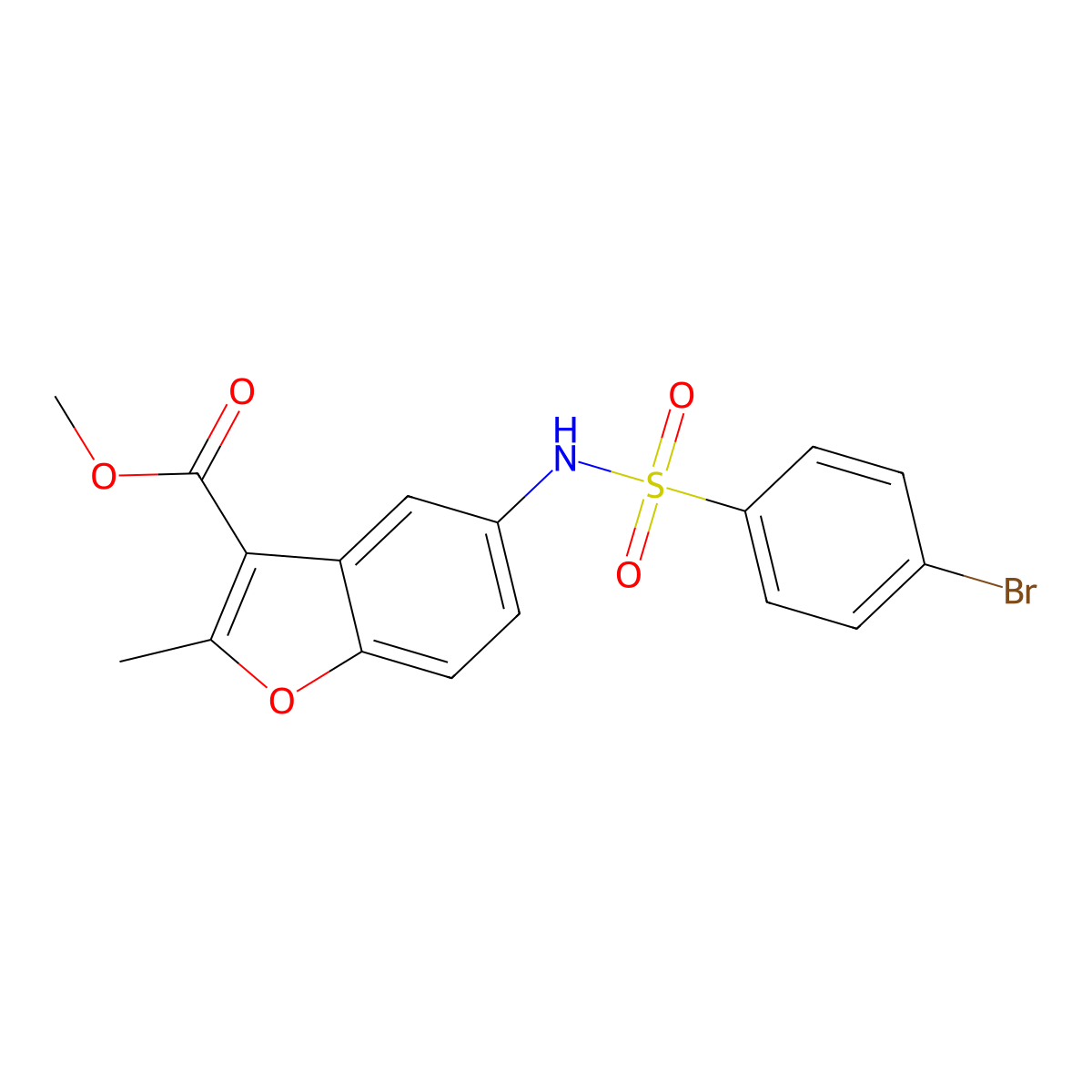Methyl 5-{[(4-bromophenyl)sulfonyl]amino}-2-methyl-1-benzofuran-3-carboxylate molecular structure, CAS 301337-72-4