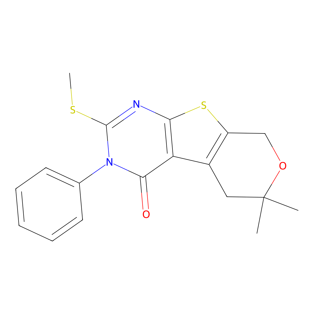 6,6-Dimethyl-2-methylsulfanyl-3-phenyl-3,5,6,8-tetrahydro-7-oxa-9-thia-1,3-diaza-fluoren-4-one molecular structure, CAS 301353-60-6