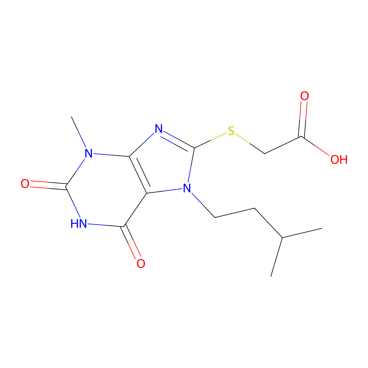 2-[3-Methyl-7-(3-methylbutyl)-2,6-dioxopurin-8-yl]sulfanylacetic acid molecular structure, CAS 301353-78-6