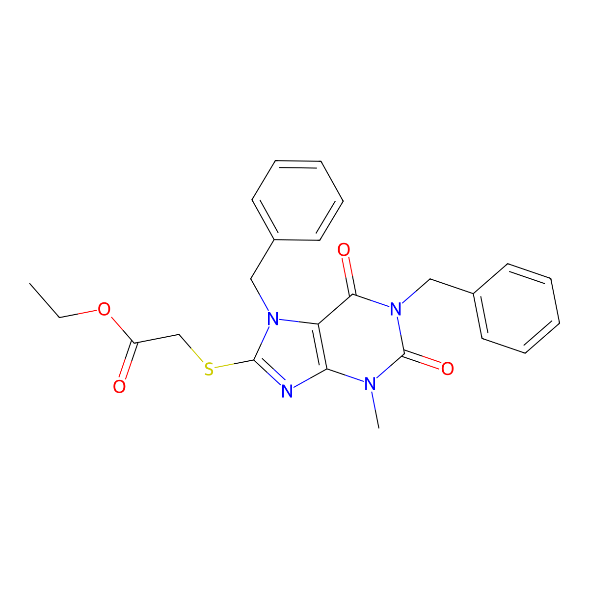 ethyl [(1,7-dibenzyl-3-methyl-2,6-dioxo-2,3,6,7-tetrahydro-1H-purin-8-yl)sulfanyl]acetate molecular structure, CAS 301354-08-5