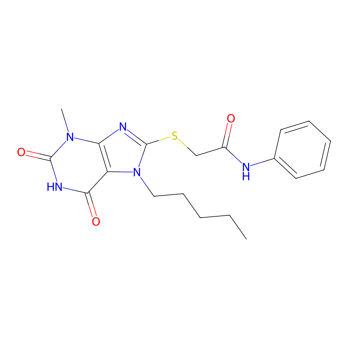 2-((3-methyl-2,6-dioxo-7-pentyl-2,3,6,7-tetrahydro-1H-purin-8-yl)thio)-N-phenylacetamide molecular structure, CAS 301354-10-9