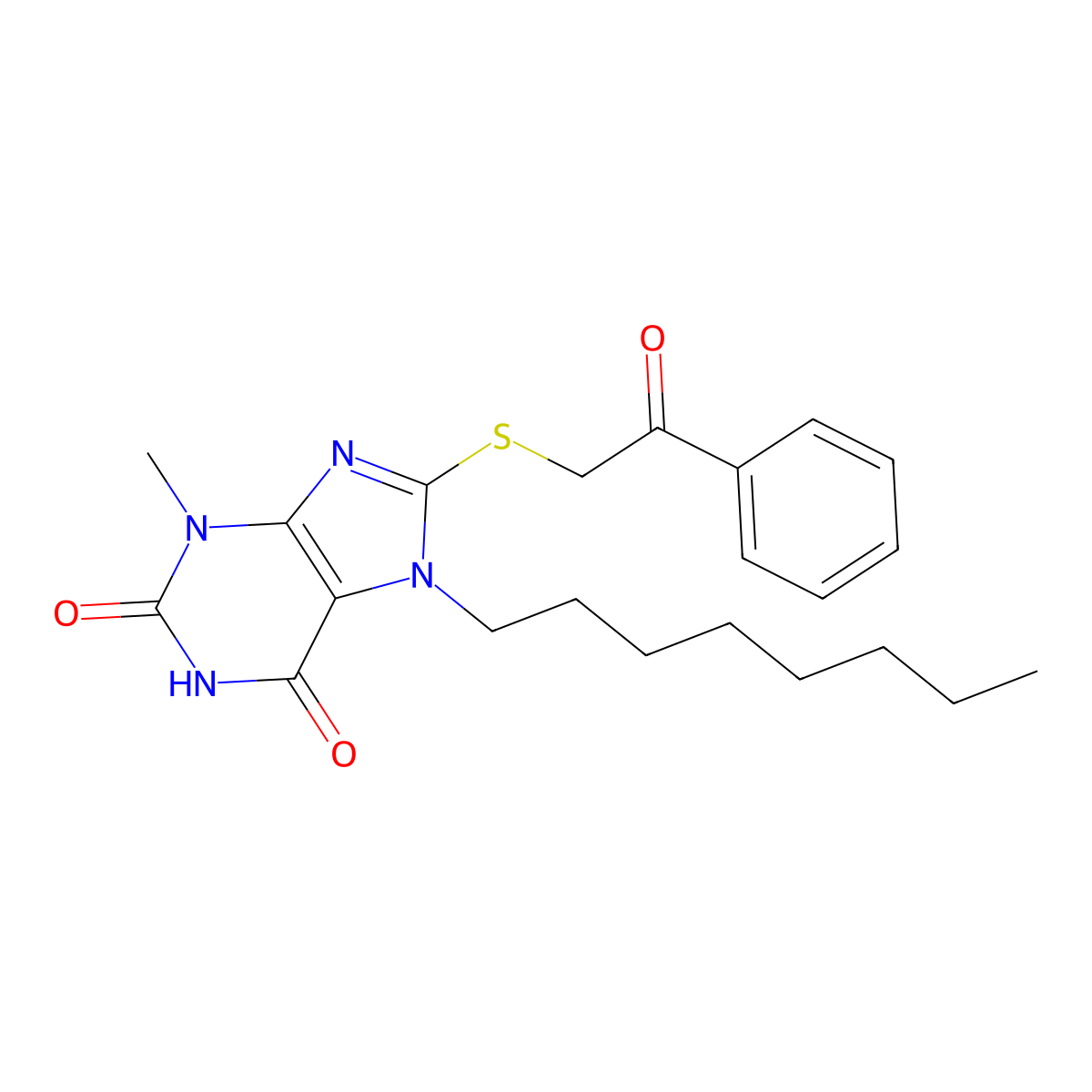 3-methyl-7-octyl-8-[(2-oxo-2-phenylethyl)sulfanyl]-3,7-dihydro-1H-purine-2,6-dione molecular structure, CAS 301354-16-5