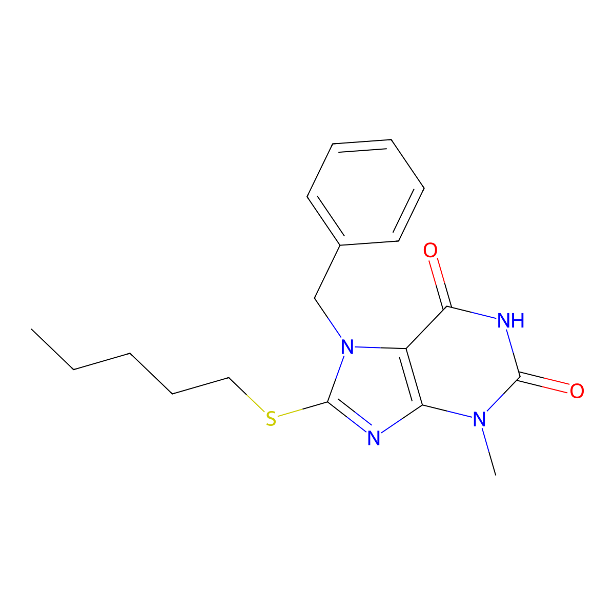 7-benzyl-3-methyl-8-(pentylsulfanyl)-3,7-dihydro-1H-purine-2,6-dione molecular structure, CAS 301354-21-2