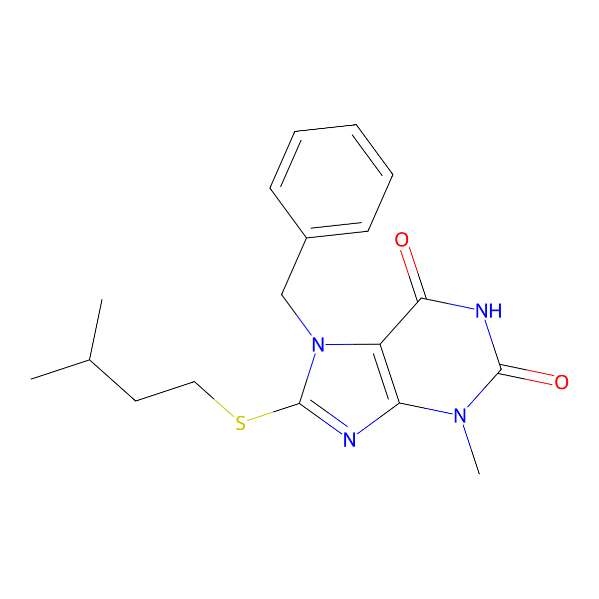 7-benzyl-8-(isopentylthio)-3-methyl-1H-purine-2,6(3H,7H)-dione molecular structure, CAS 301354-22-3