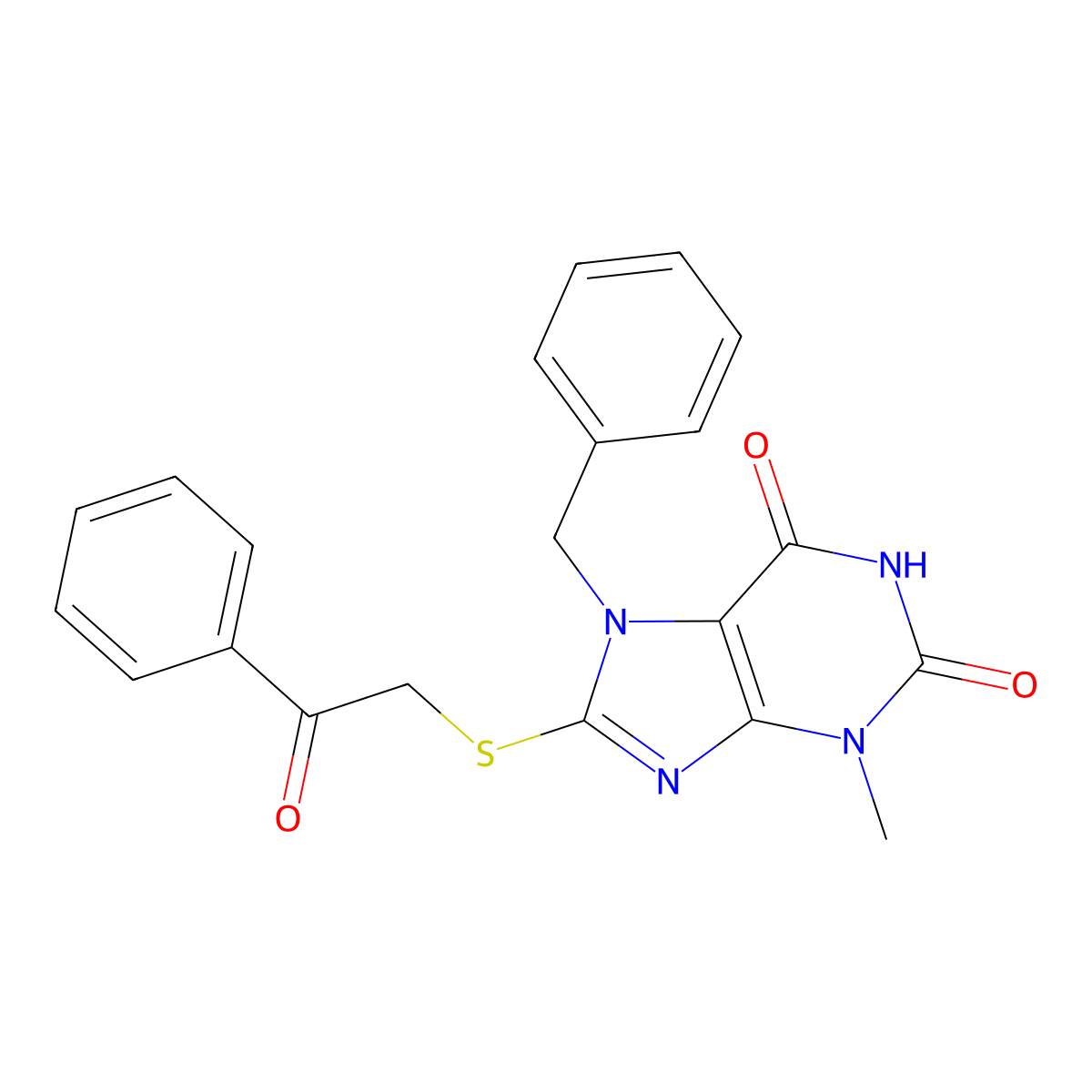 7-benzyl-3-methyl-8-((2-oxo-2-phenylethyl)thio)-1H-purine-2,6(3H,7H)-dione molecular structure, CAS 301354-23-4