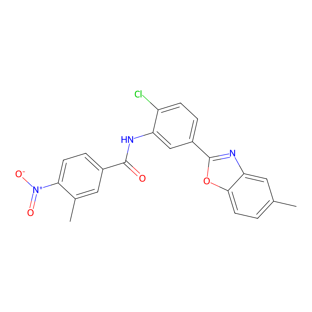 N-[2-Chloro-5-(5-methyl-benzooxazol-2-yl)-phenyl]-3-methyl-4-nitro-benzamide molecular structure, CAS 301354-47-2
