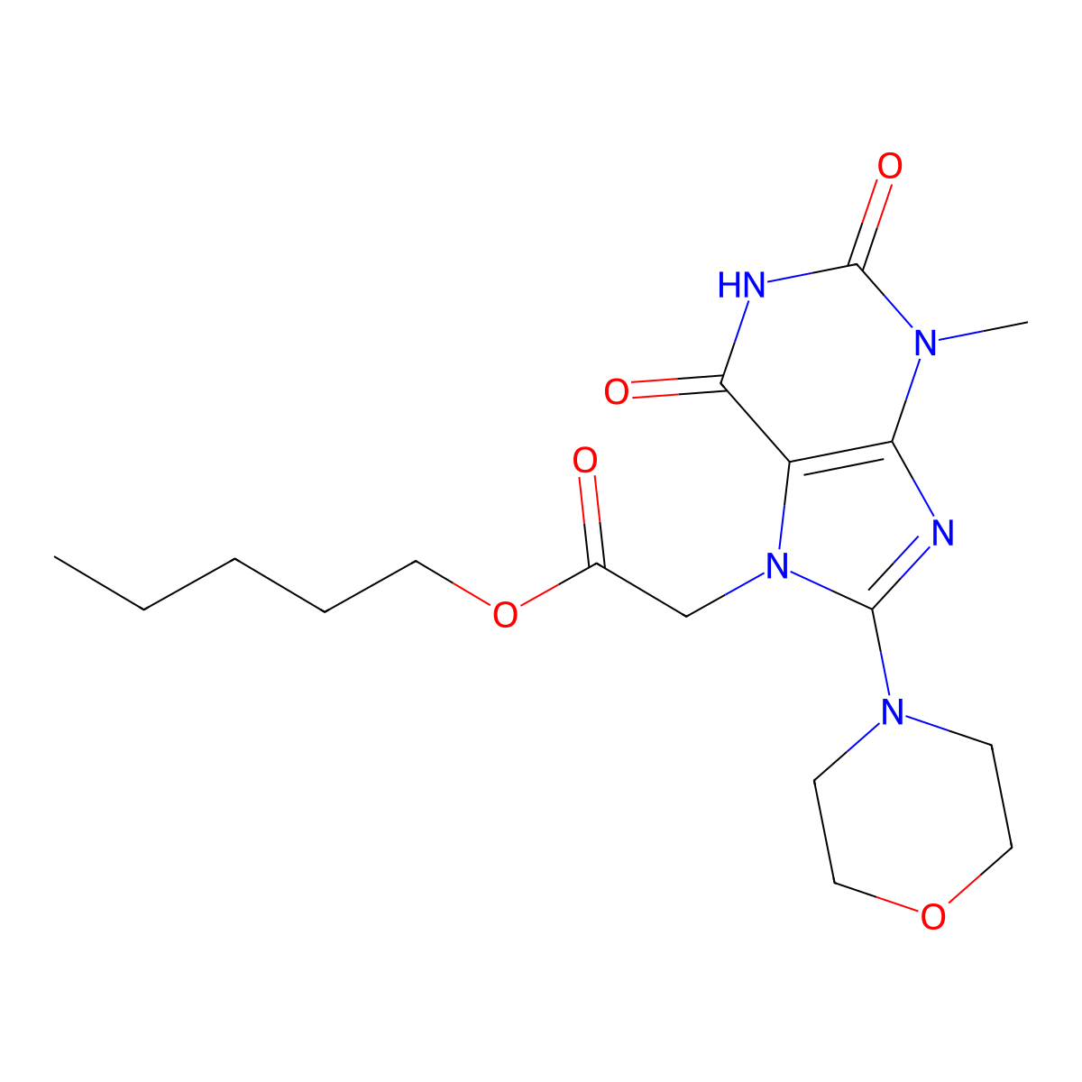 pentyl 2-(3-methyl-8-morpholino-2,6-dioxo-2,3-dihydro-1H-purin-7(6H)-yl)acetate molecular structure, CAS 301355-17-9
