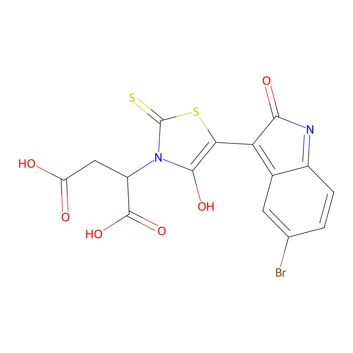 2-[(5Z)-5-(5-bromo-2-oxo-1H-indol-3-ylidene)-4-oxo-2-sulfanylidene-1,3-thiazolidin-3-yl]butanedioic acid molecular structure, CAS 301356-95-6