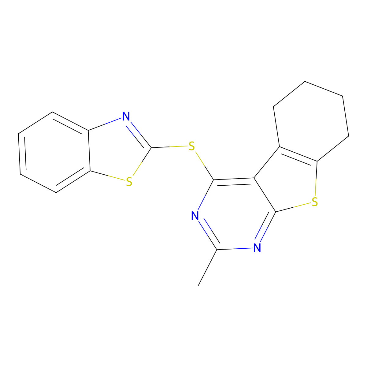 4-(1,3-Benzothiazol-2-ylsulfanyl)-2-methyl-5,6,7,8-tetrahydro-[1]benzothiolo[2,3-d]pyrimidine molecular structure, CAS 301357-19-7