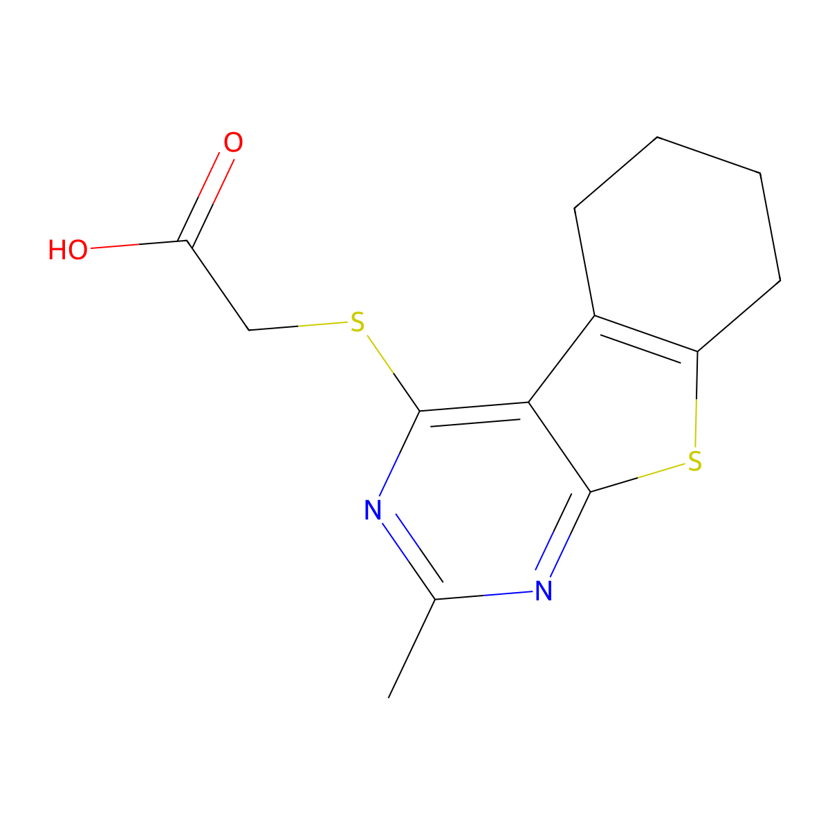 (2-Methyl-5,6,7,8-tetrahydro-benzo[4,5]thieno[2,3-d]pyrimidin-4-ylsulfanyl)-acetic acid molecular structure, CAS 301357-21-1