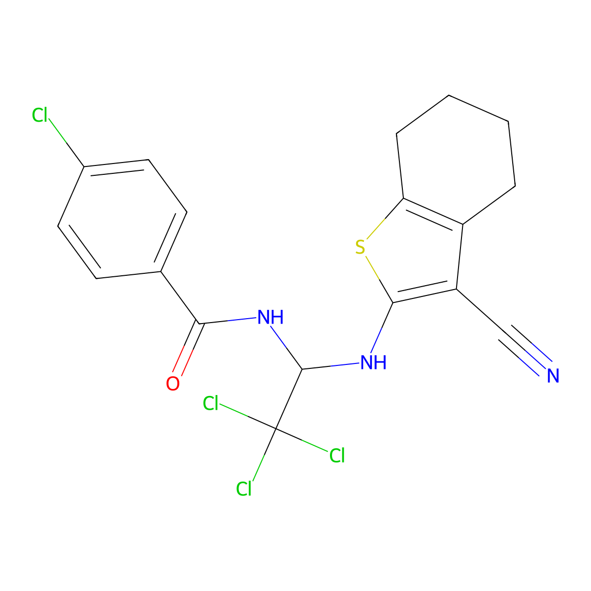 4-Chloro-N-{2,2,2-trichloro-1-[(3-cyano-4,5,6,7-tetrahydro-1-benzothiophen-2-YL)amino]ethyl}benzamide molecular structure, CAS 301359-04-6