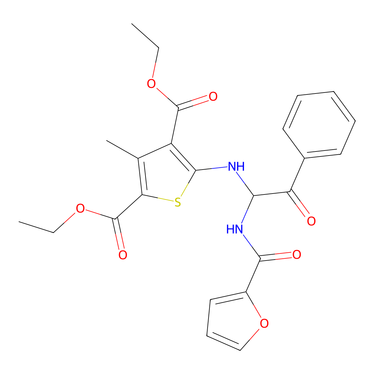Diethyl 5-{[1-(2-furoylamino)-2-oxo-2-phenylethyl]amino}-3-methyl-2,4-thiophenedicarboxylate molecular structure, CAS 301359-44-4