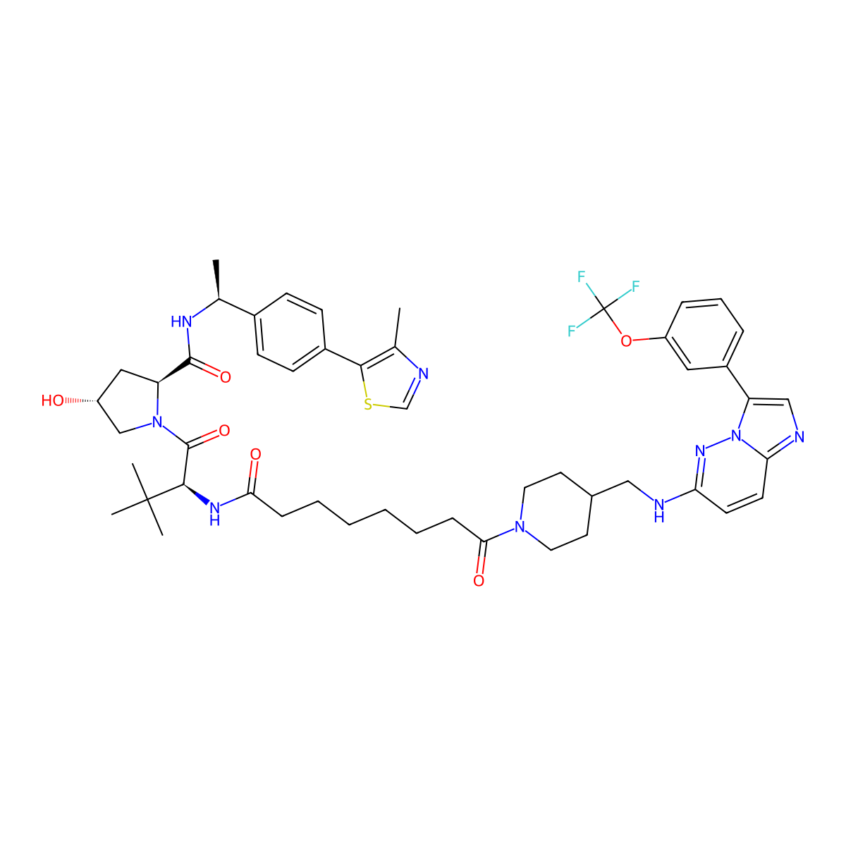 (2S,4R)-1-((S)-3,3-Dimethyl-2-(8-oxo-8-(4-(((3-(3-(trifluoromethoxy)phenyl)imidazo[1,2-b]pyridazin-6-yl)amino)methyl)piperidin-1-yl)octanamido)butanoyl)-4-hydroxy-N-((S)-1-(4-(4-methylthiazol-5-yl)phenyl)ethyl)pyrrolidine-2-carboxamide molecular structure, CAS 3013618-84-0