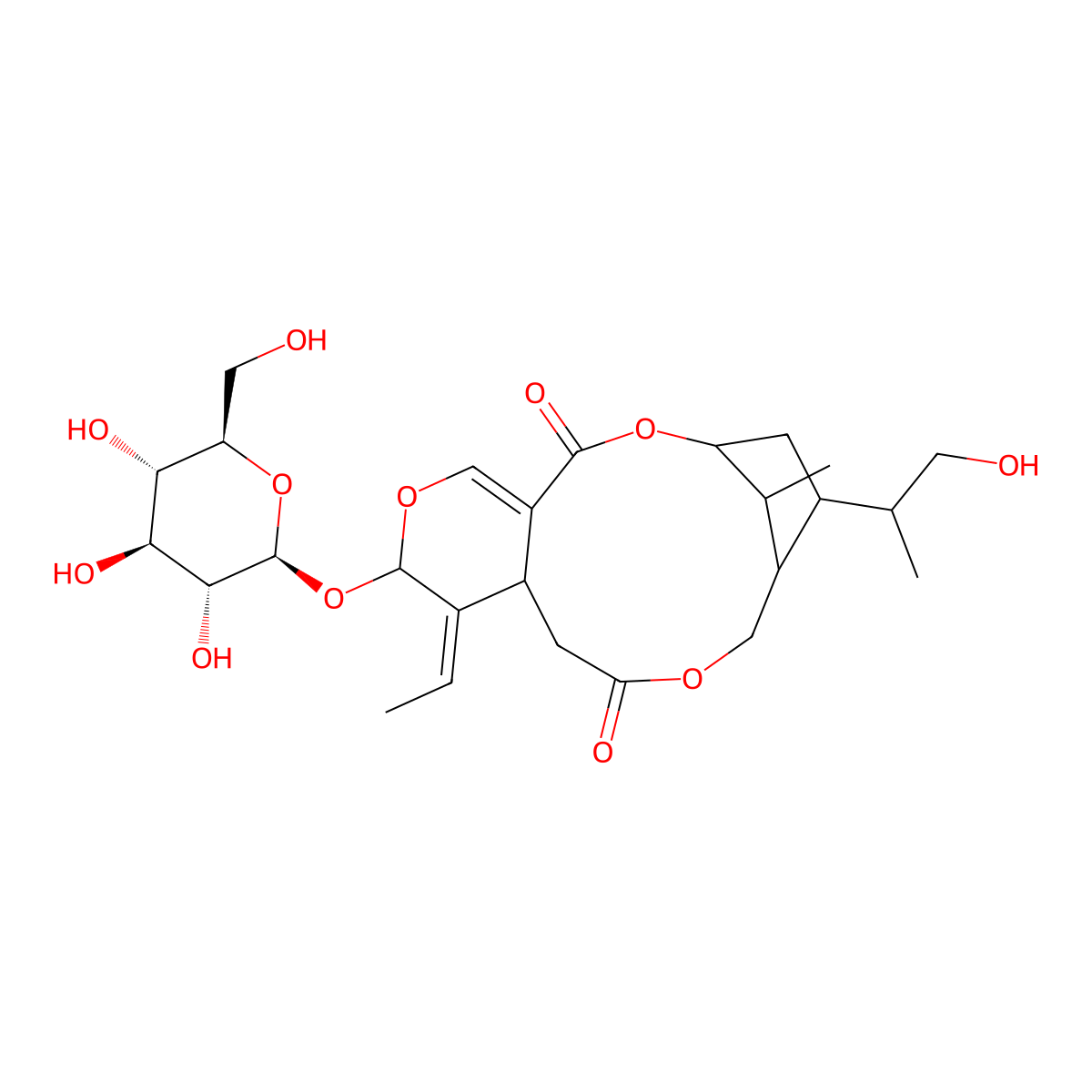8-ethylidene-15-(1-hydroxypropan-2-yl)-17-methyl-7-[(2S,3R,4S,5S,6R)-3,4,5-trihydroxy-6-(hydroxymethyl)oxan-2-yl]oxy-2,6,12-trioxatricyclo[12.2.1.04,9]heptadec-4-ene-3,11-dione molecular structure, CAS 30164-93-3