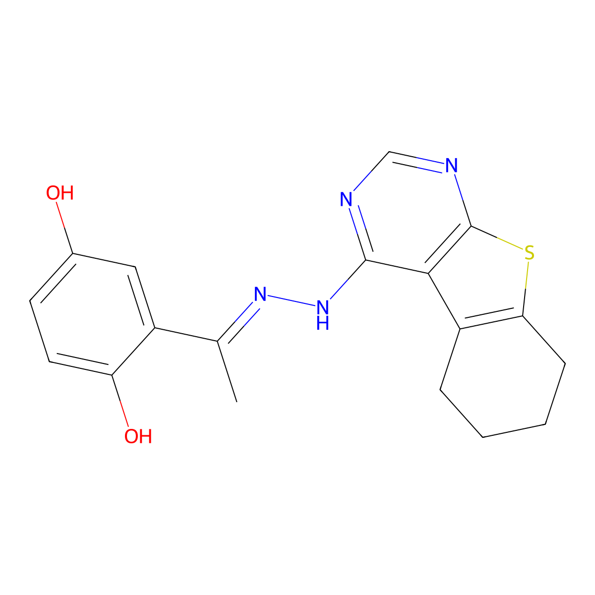 2-[(E)-C-methyl-N-(5,6,7,8-tetrahydro-[1]benzothiolo[2,3-d]pyrimidin-4-ylamino)carbonimidoyl]benzene-1,4-diol molecular structure, CAS 301655-16-3