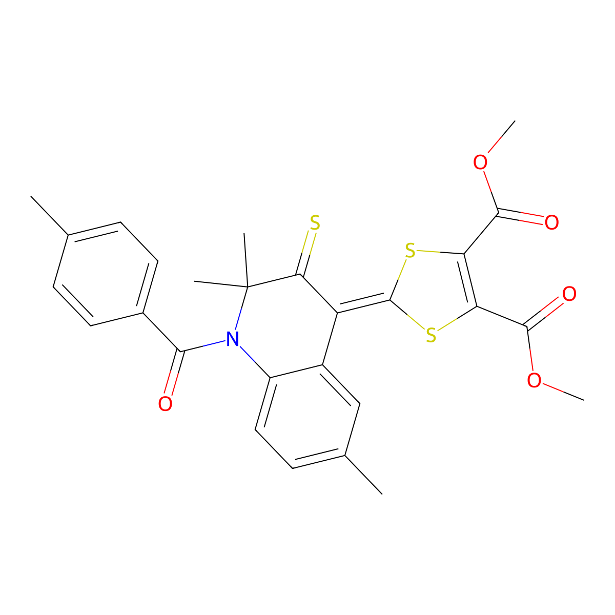 Dimethyl 2-[2,2,6-trimethyl-1-(4-methylbenzoyl)-3-sulfanylidenequinolin-4-ylidene]-1,3-dithiole-4,5-dicarboxylate molecular structure, CAS 301655-47-0