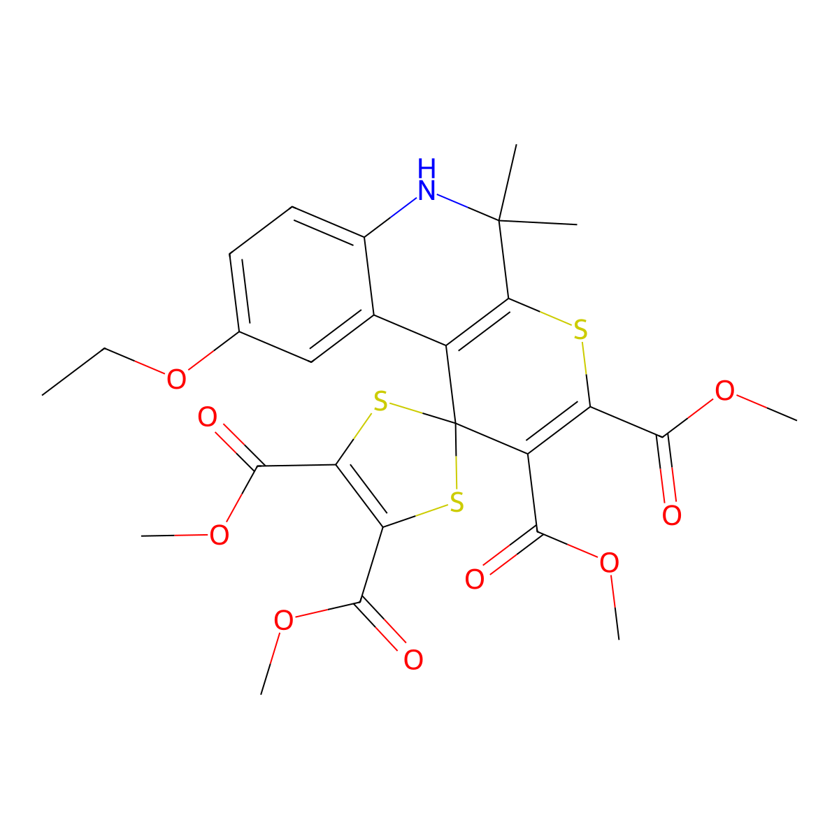 Tetramethyl 9'-ethoxy-5',5'-dimethyl-5',6'-dihydrospiro[1,3-dithiole-2,1'-thiopyrano[2,3-c]quinoline]-2',3',4,5-tetracarboxylate molecular structure, CAS 301655-50-5
