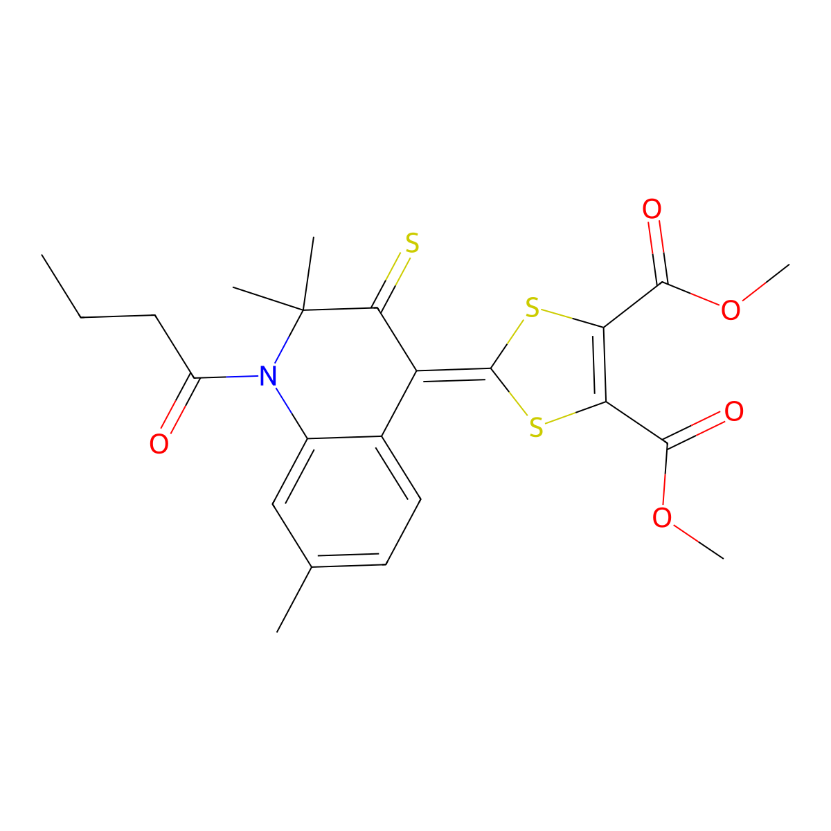 Dimethyl 2-(1-butanoyl-2,2,7-trimethyl-3-sulfanylidenequinolin-4-ylidene)-1,3-dithiole-4,5-dicarboxylate molecular structure, CAS 301675-59-2