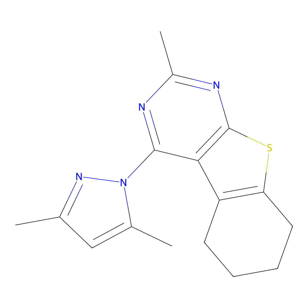 4-(3,5-dimethyl-1H-pyrazol-1-yl)-2-methyl-5,6,7,8-tetrahydro[1]benzothieno[2,3-d]pyrimidine molecular structure, CAS 301675-71-8