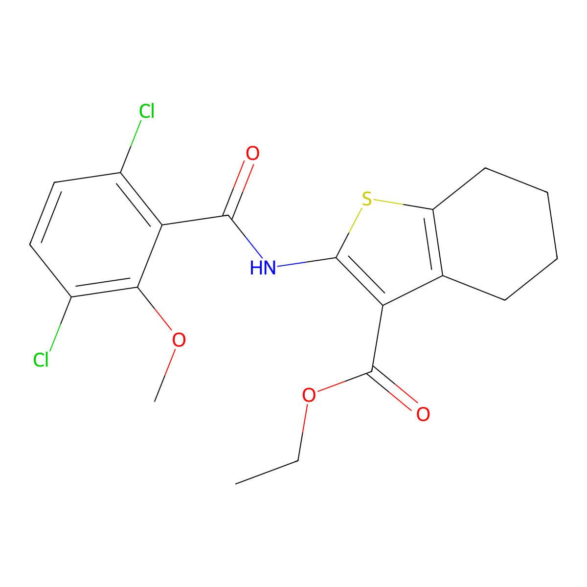 Ethyl 2-[(3,6-dichloro-2-methoxybenzoyl)amino]-4,5,6,7-tetrahydro-1-benzothiophene-3-carboxylate molecular structure, CAS 301680-37-5