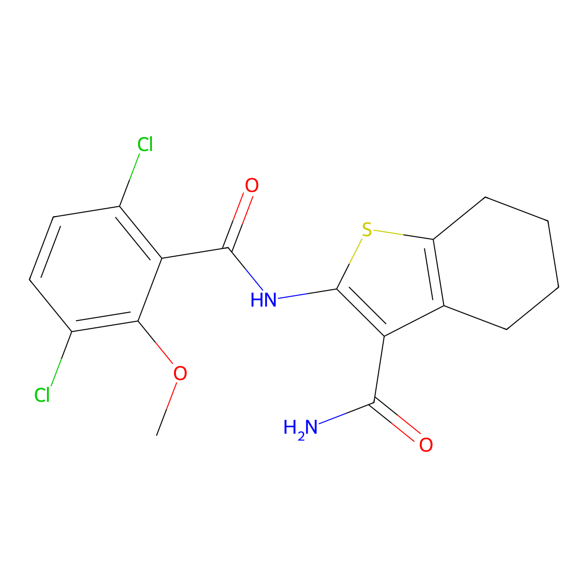 2-[(3,6-Dichloro-2-methoxybenzoyl)amino]-4,5,6,7-tetrahydro-1-benzothiophene-3-carboxamide molecular structure, CAS 301680-56-8