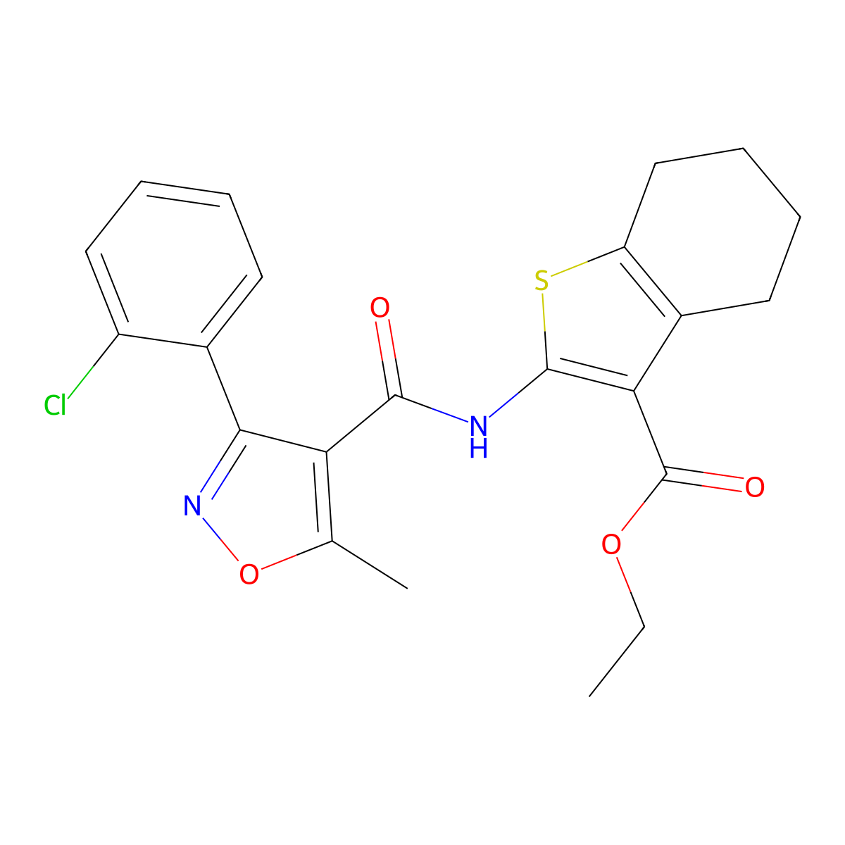 Ethyl 2-((3-(2-chlorophenyl)-5-methylisoxazol-4-YL)carbonylamino)-4,5,6,7-tetrahydrobenzo[B]thiophene-3-carboxylate molecular structure, CAS 301680-88-6