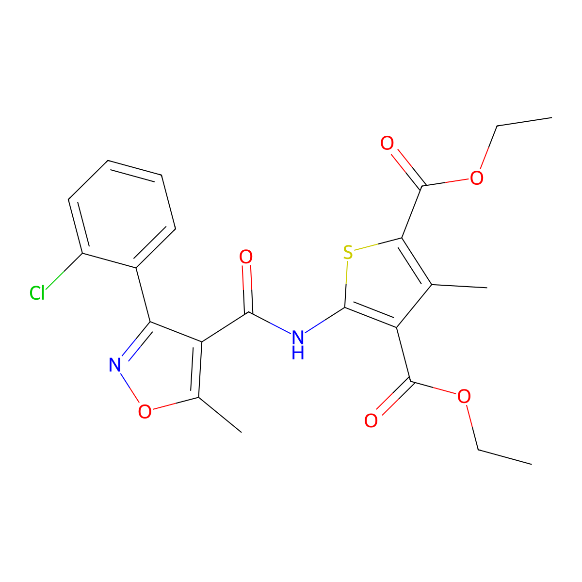 Diethyl 5-[[3-(2-chlorophenyl)-5-methyl-1,2-oxazole-4-carbonyl]amino]-3-methylthiophene-2,4-dicarboxylate molecular structure, CAS 301680-89-7