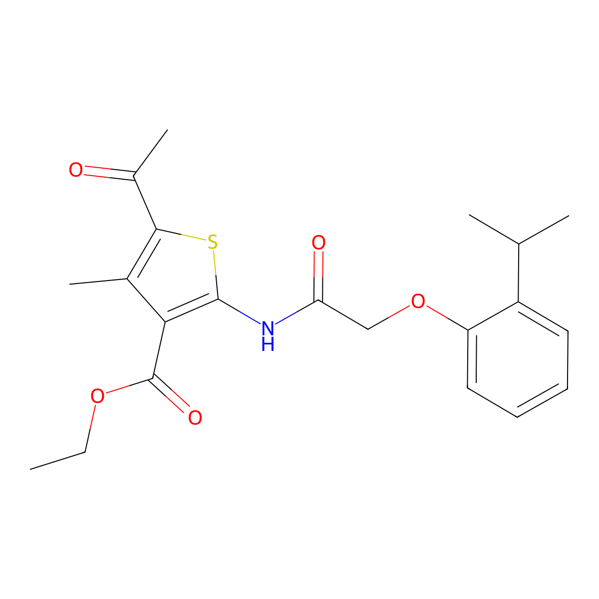 Ethyl 5-acetyl-2-{[(2-isopropylphenoxy)acetyl]amino}-4-methyl-3-thiophenecarboxylate molecular structure, CAS 301681-98-1