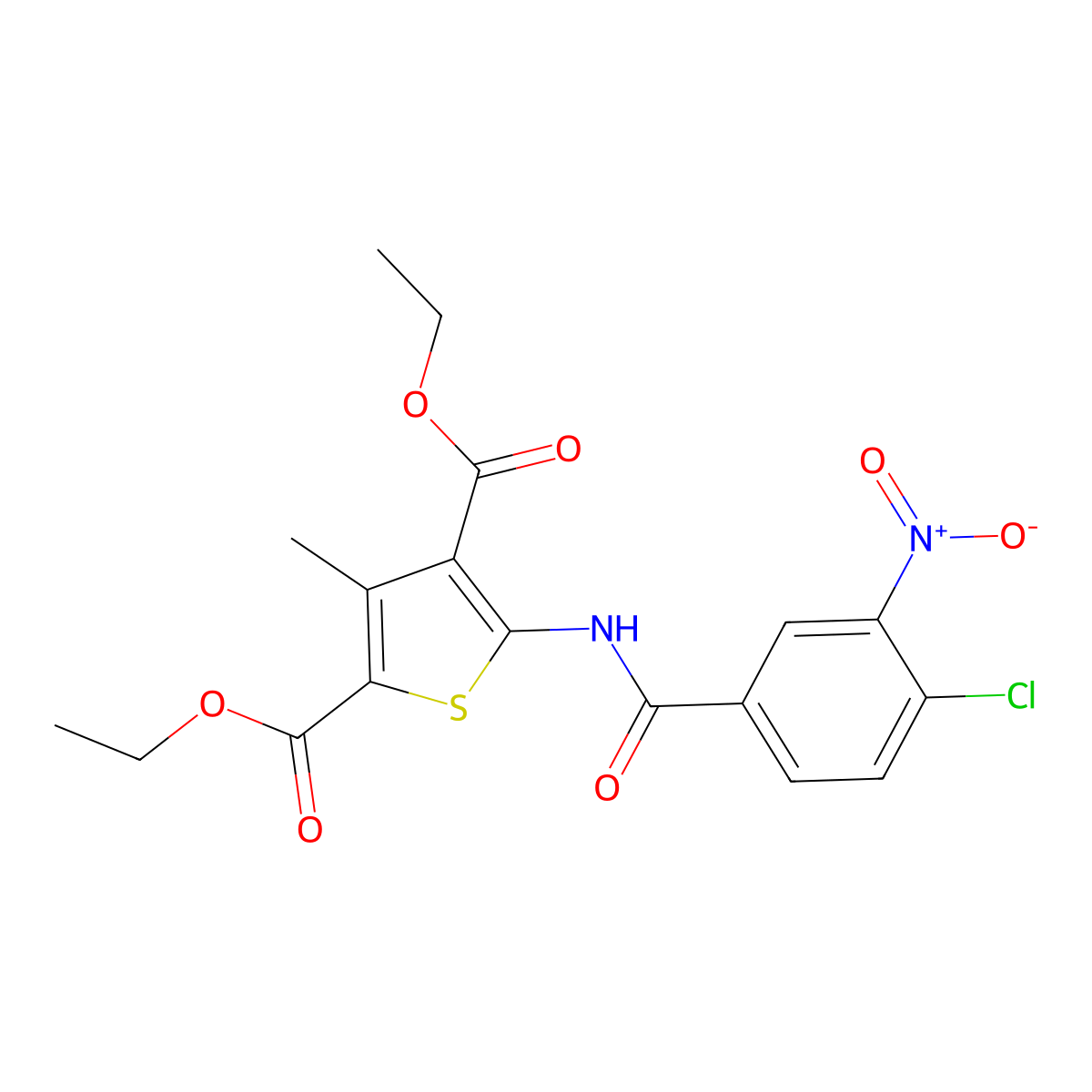 Diethyl 5-({4-chloro-3-nitrobenzoyl}amino)-3-methyl-2,4-thiophenedicarboxylate molecular structure, CAS 301682-02-0