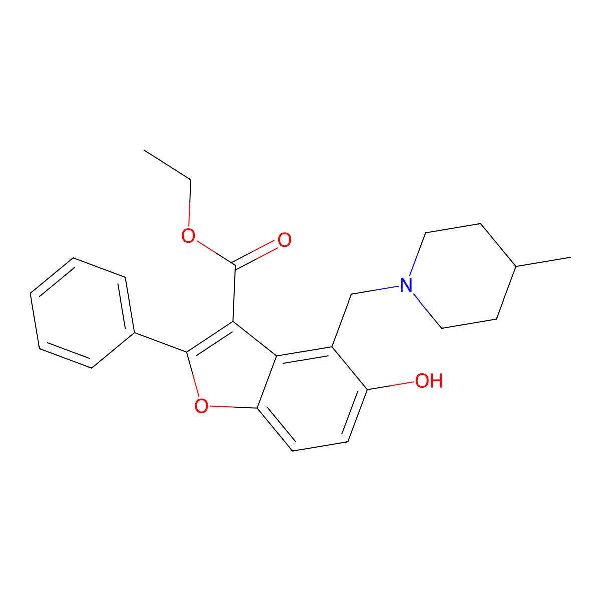 Ethyl 5-hydroxy-4-[(4-methylpiperidin-1-yl)methyl]-2-phenyl-1-benzofuran-3-carboxylate molecular structure, CAS 301682-60-0