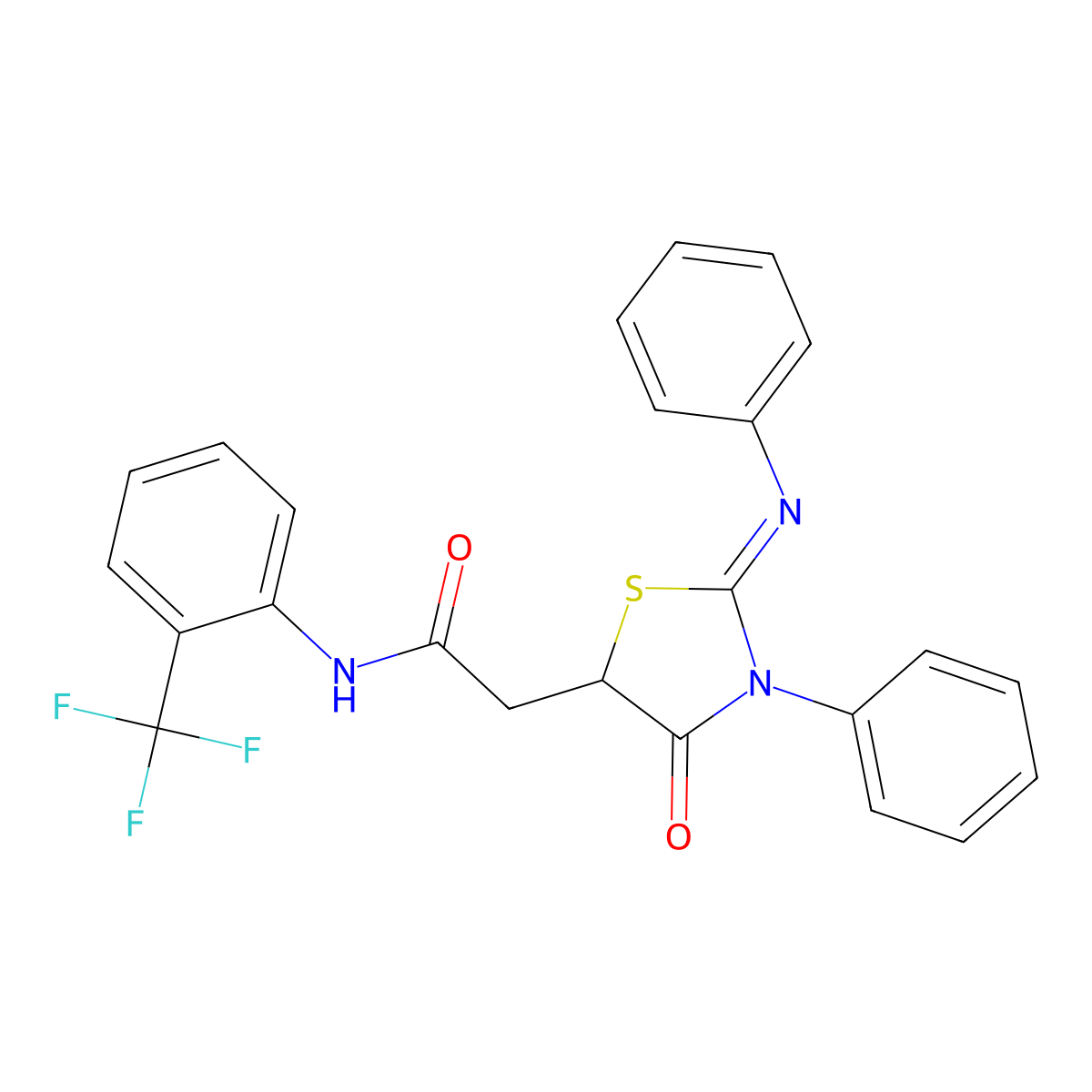 2-[(2Z)-4-oxo-3-phenyl-2-(phenylimino)-1,3-thiazolidin-5-yl]-N-[2-(trifluoromethyl)phenyl]acetamide molecular structure, CAS 301683-34-1