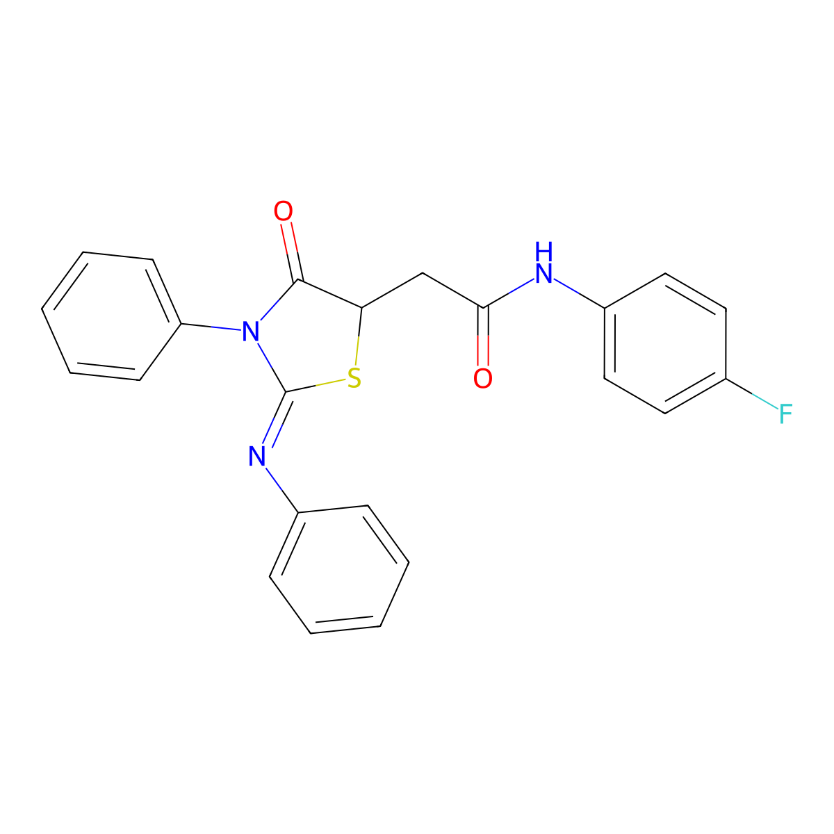 N-(4-fluorophenyl)-2-[(2Z)-4-oxo-3-phenyl-2-(phenylimino)-1,3-thiazolidin-5-yl]acetamide molecular structure, CAS 301683-35-2