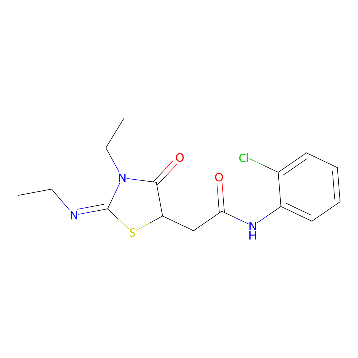 (Z)-N-(2-chlorophenyl)-2-(3-ethyl-2-(ethylimino)-4-oxothiazolidin-5-yl)acetamide molecular structure, CAS 301683-36-3