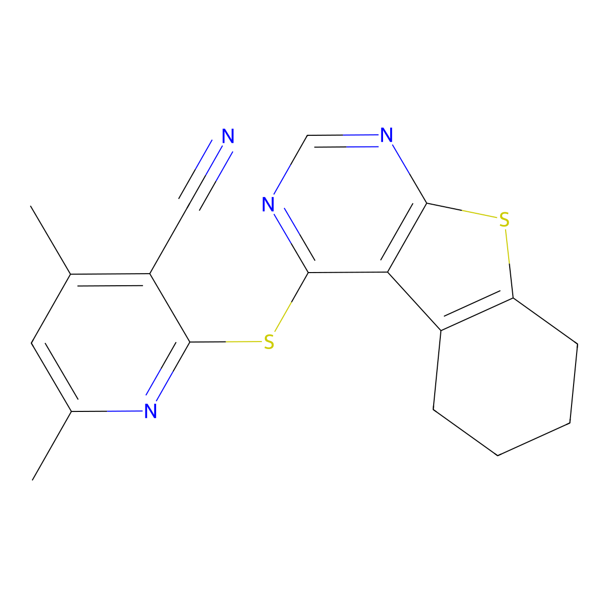 4,6-Dimethyl-2-(5,6,7,8-tetrahydro-[1]benzothiolo[2,3-d]pyrimidin-4-ylsulfanyl)pyridine-3-carbonitrile molecular structure, CAS 301687-17-2