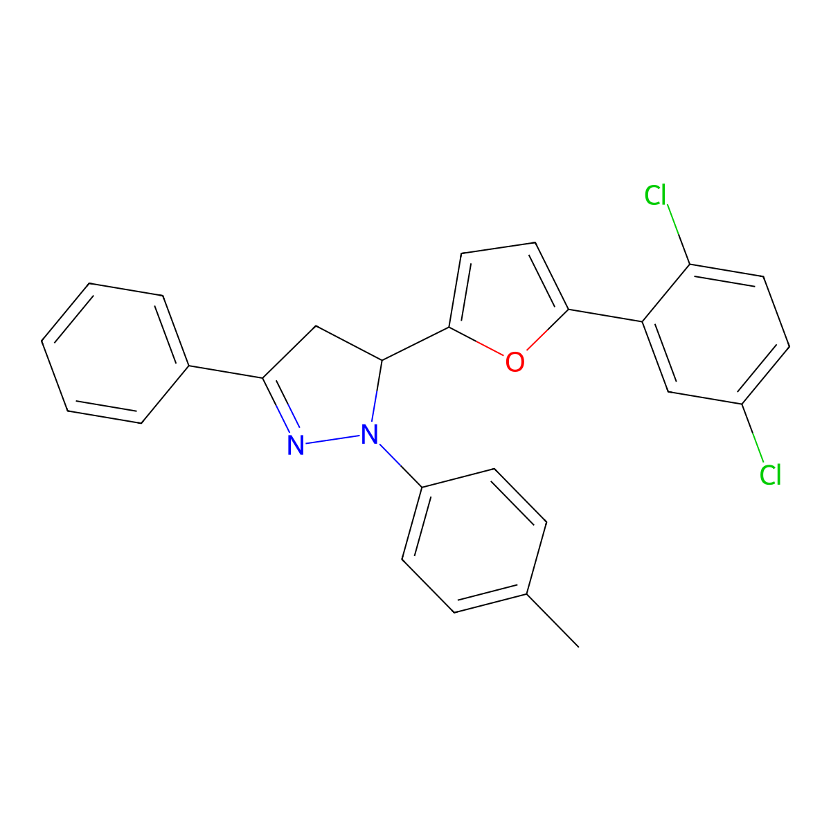 5-[5-(2,5-dichlorophenyl)furan-2-yl]-1-(4-methylphenyl)-3-phenyl-4,5-dihydro-1H-pyrazole molecular structure, CAS 301687-91-2