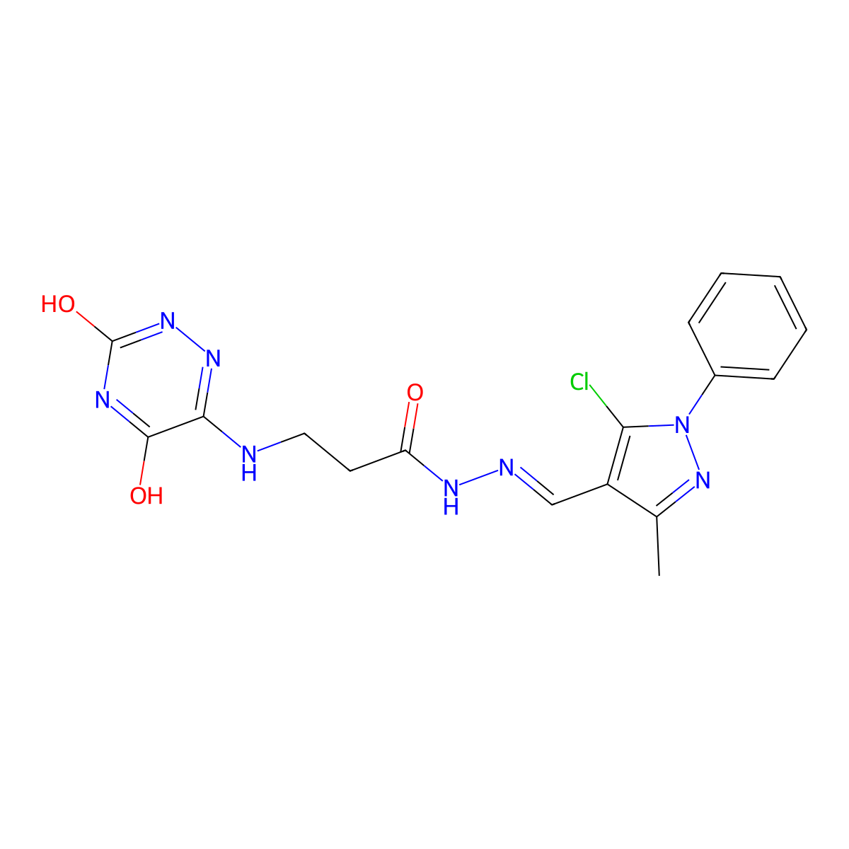 N'-((5-Chloro-3-methyl-1-phenyl-1H-pyrazol-4-yl)methylene)-3-((5-hydroxy-3-oxo-2,3-dihydro-1,2,4-triazin-6-yl)amino)propanehydrazide molecular structure, CAS 301688-42-6