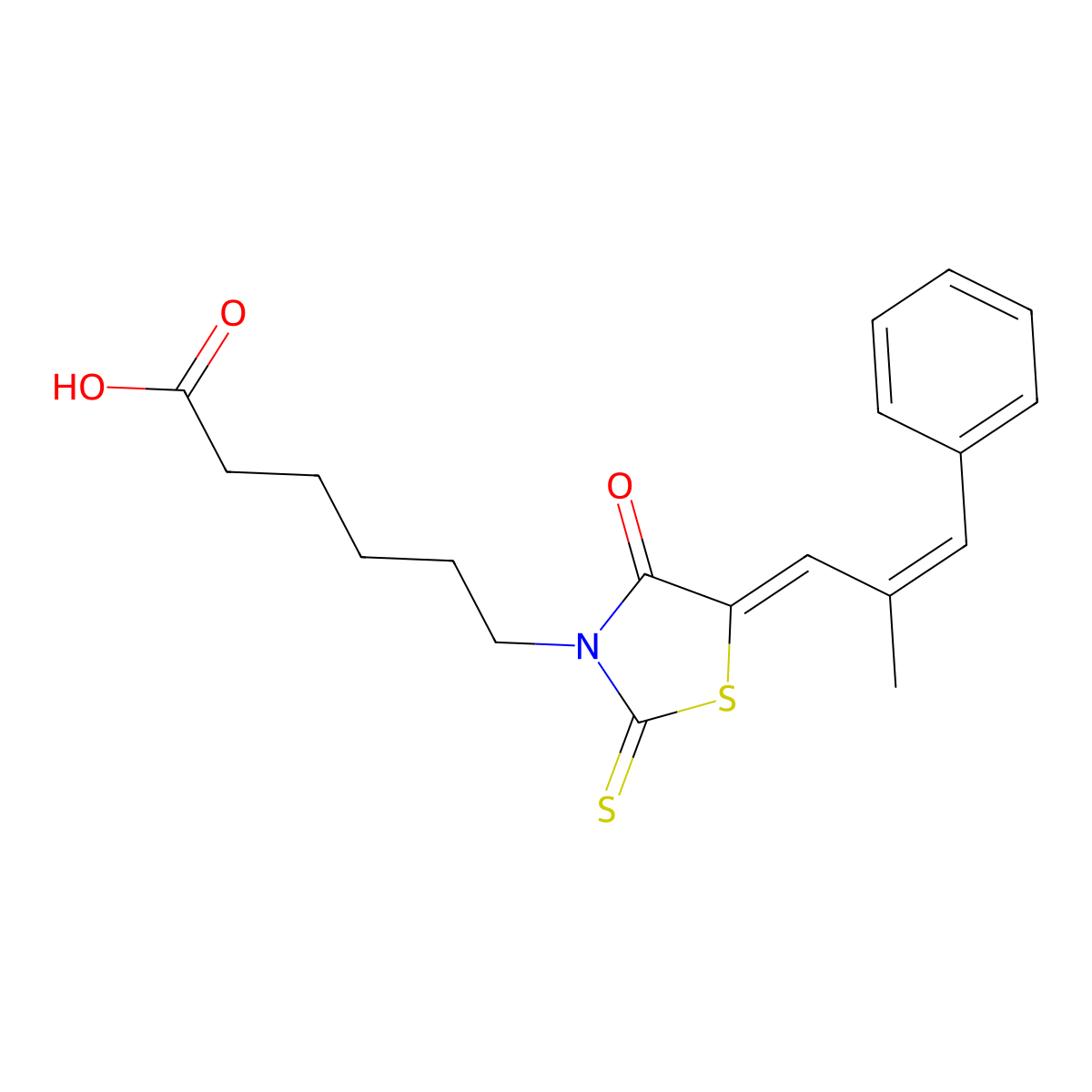 5-(2-Methyl-3-phenyl-2-propen-1-ylidene)-4-oxo-2-thioxo-3-thiazolidinehexanoic acid molecular structure, CAS 301688-70-0