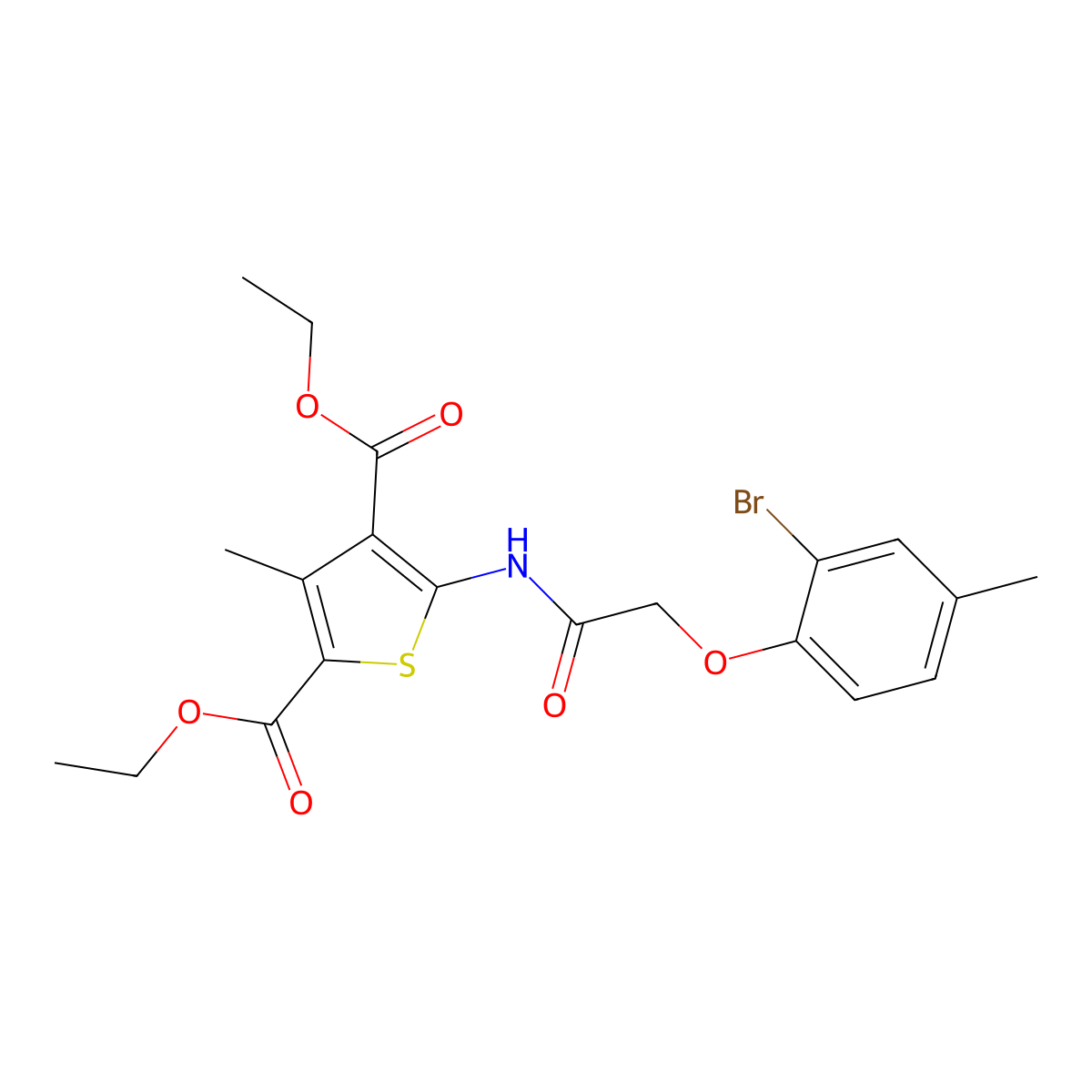Diethyl 5-{[(2-bromo-4-methylphenoxy)acetyl]amino}-3-methyl-2,4-thiophenedicarboxylate molecular structure, CAS 301693-51-6