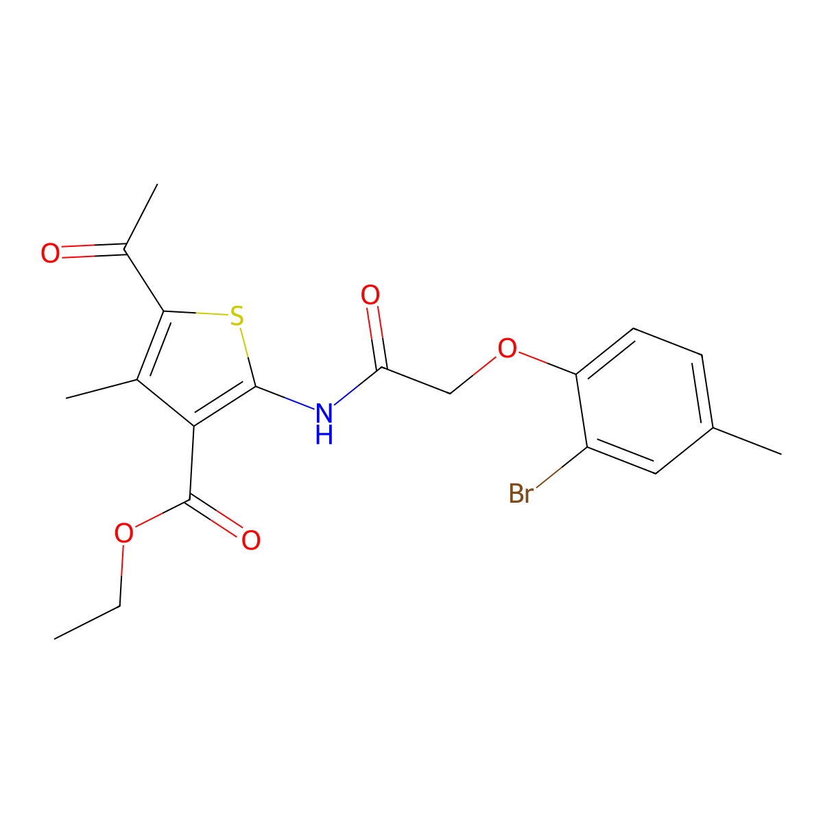 Ethyl 5-acetyl-2-[2-(2-bromo-4-methylphenoxy)acetamido]-4-methylthiophene-3-carboxylate molecular structure, CAS 301693-53-8