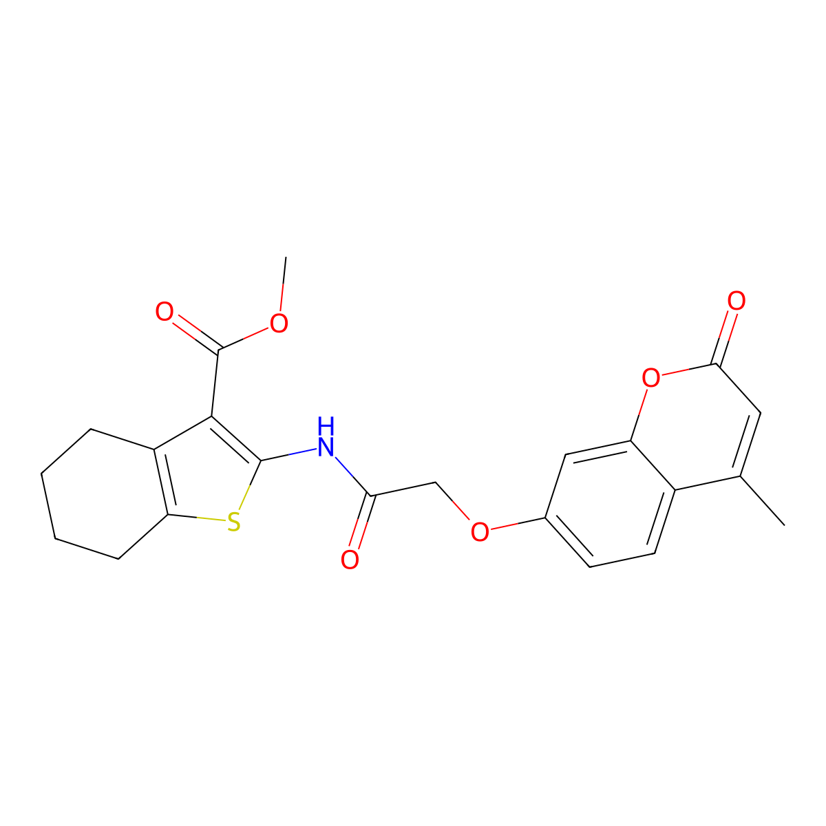 Methyl 2-[[2-(4-methyl-2-oxochromen-7-yl)oxyacetyl]amino]-4,5,6,7-tetrahydro-1-benzothiophene-3-carboxylate molecular structure, CAS 301694-38-2