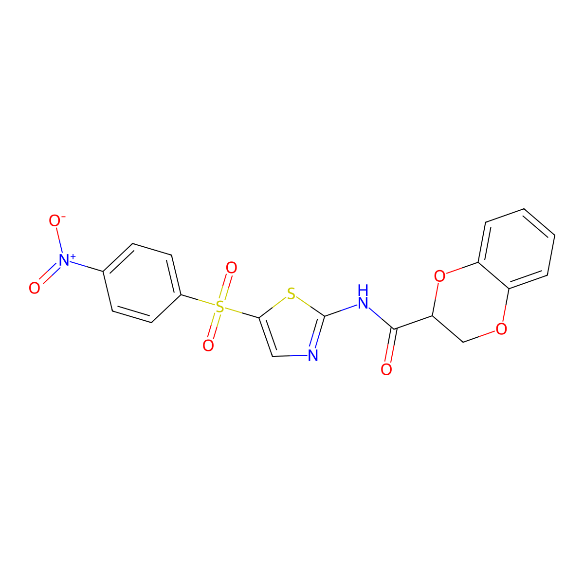 N-(5-((4-nitrophenyl)sulfonyl)thiazol-2-yl)-2,3-dihydrobenzo[b][1,4]dioxine-2-carboxamide molecular structure, CAS 301694-48-4