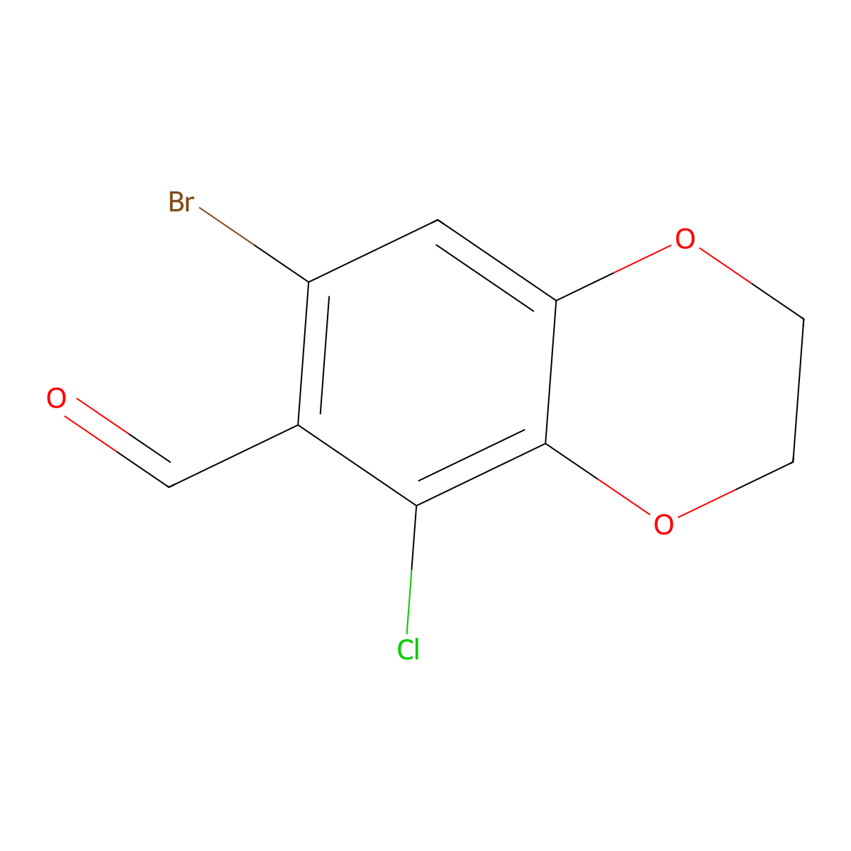 7-Bromo-5-chloro-2,3-dihydro-1,4-benzodioxine-6-carbaldehyde molecular structure, CAS 3017176-10-9