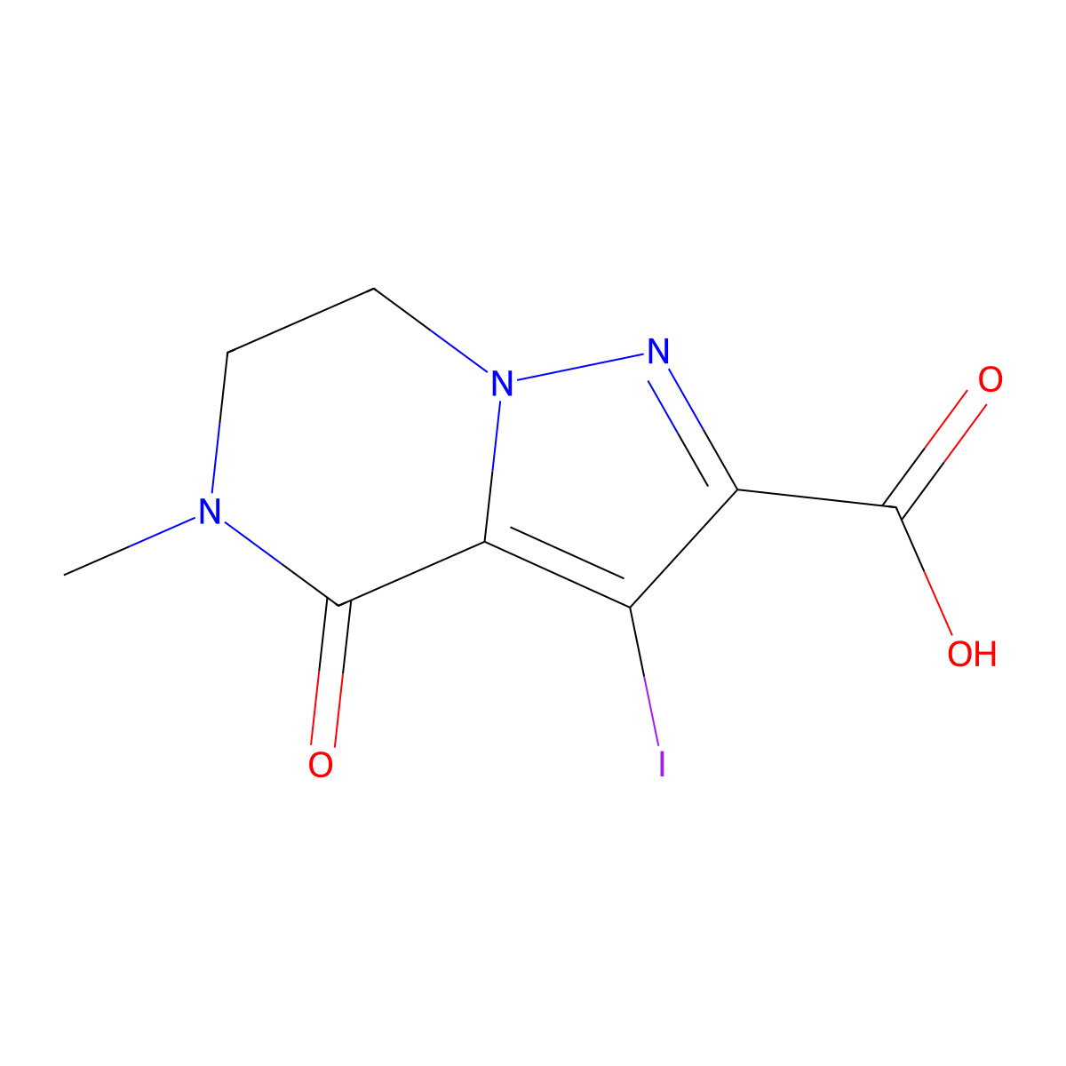 3-iodo-5-methyl-4-oxo-4H,5H,6H,7H-pyrazolo[1,5-a]pyrazine-2-carboxylic acid molecular structure, CAS 3017211-73-0