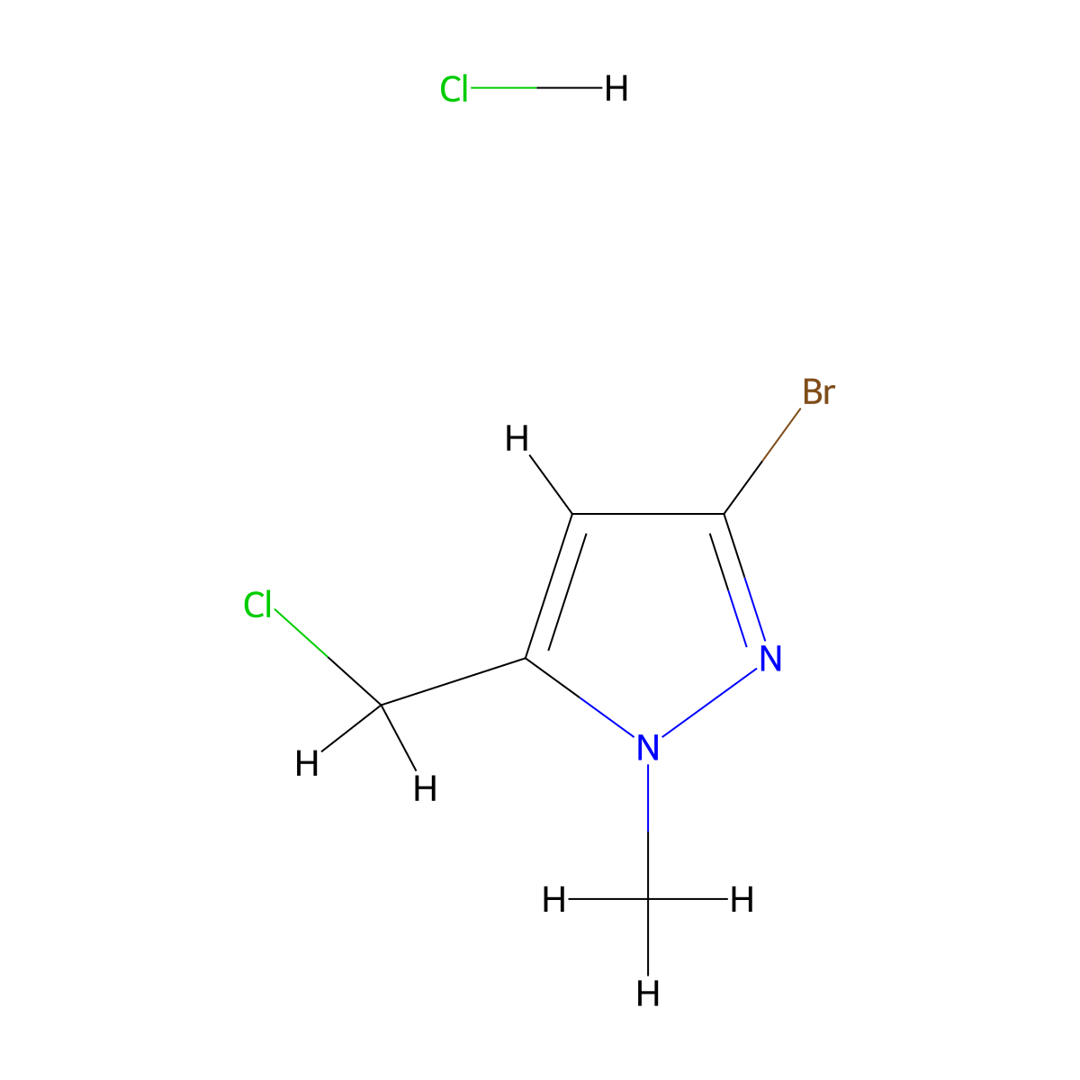 3-bromo-5-(chloromethyl)-1-methyl-1H-pyrazole hydrochloride molecular structure, CAS 3017211-80-9