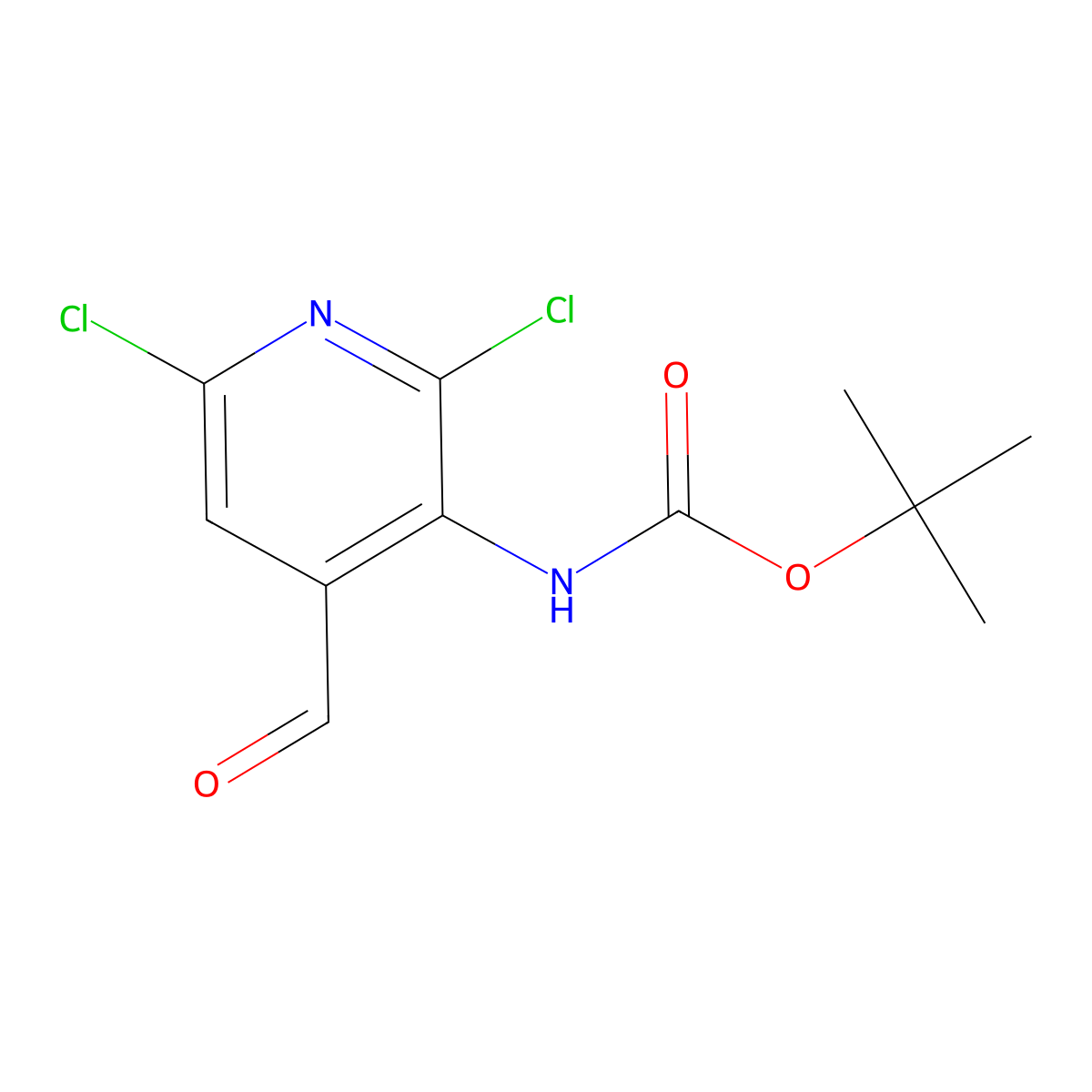 tert-butyl N-(2,6-dichloro-4-formylpyridin-3-yl)carbamate molecular structure, CAS 3017224-29-9