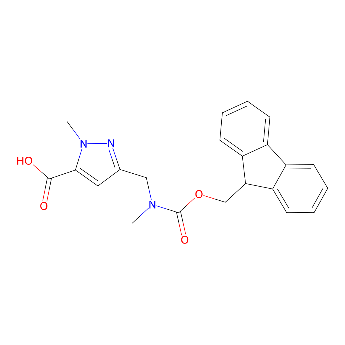 3-[({[(9H-fluoren-9-yl)methoxy]carbonyl}(methyl)amino)methyl]-1-methyl-1H-pyrazole-5-carboxylic acid molecular structure, CAS 3017251-26-9