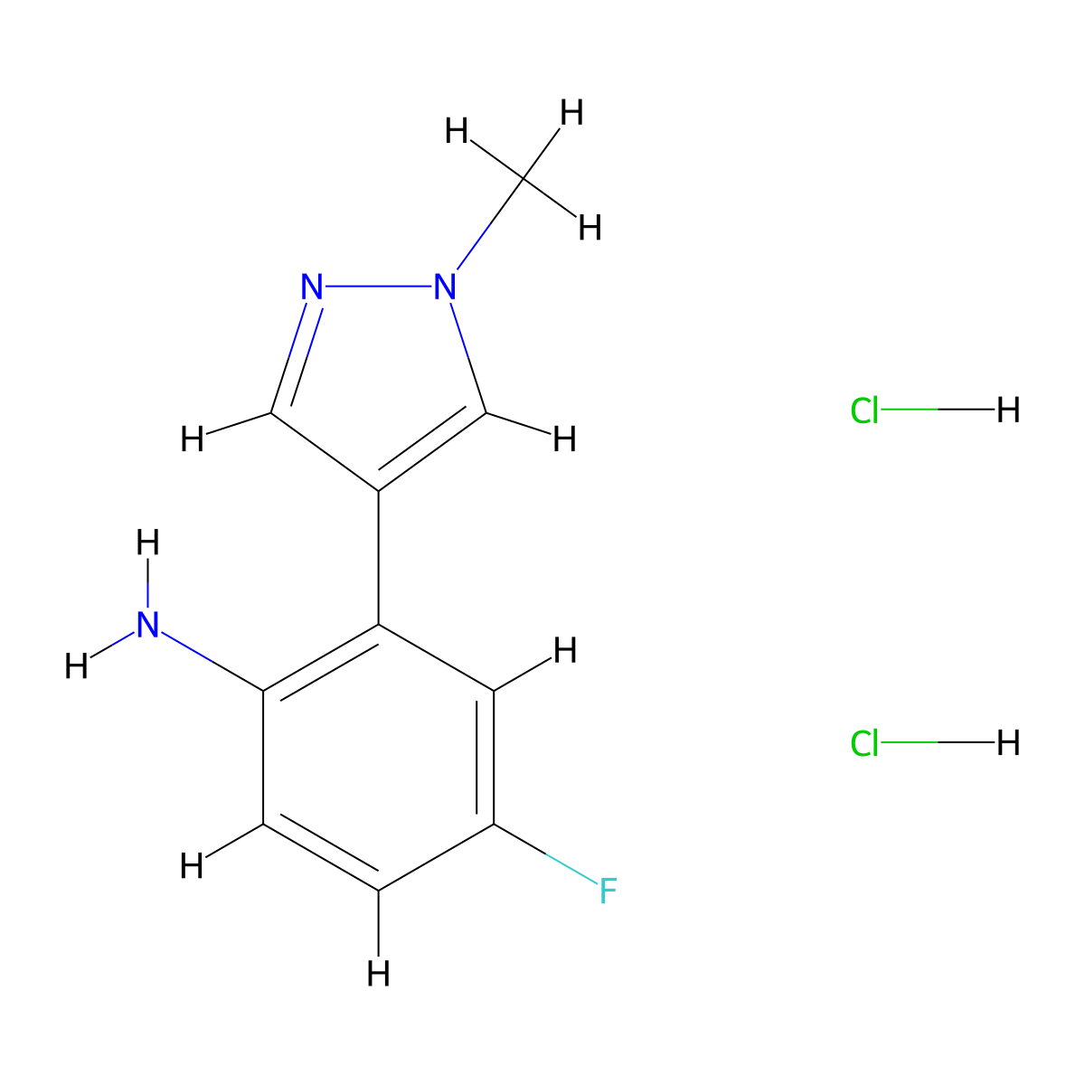 4-fluoro-2-(1-methyl-1H-pyrazol-4-yl)aniline dihydrochloride molecular structure, CAS 3017270-19-5